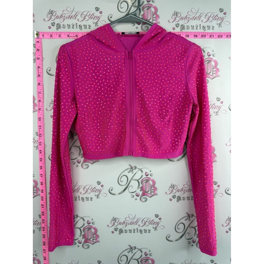 Banjul sweater rhinestone neon stretchy Hot Pink Cropped Zip Hoodie with Studs